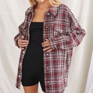 Forever21 Plaid Check Shacket Oversize Shirt Tweed Red Jacket Boucle Fray Fringe